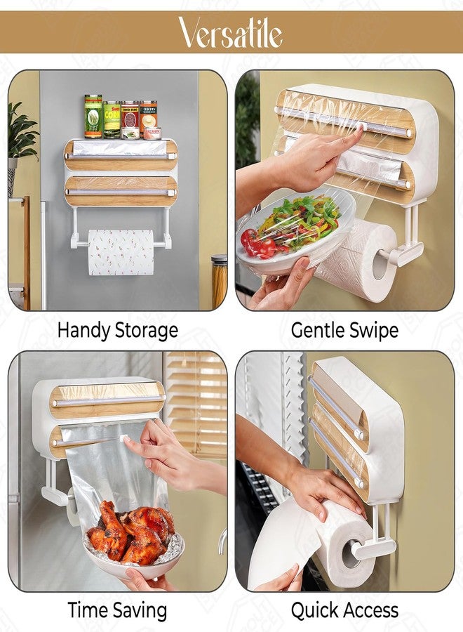 ABOUT SPACE موزع غلاف مغناطيسي مع قاطع من ABOUT SPACE - حامل غلاف مثبت على الحائط 4 في 1 مع قاطع وحامل تخزين لفافة مناديل مطبخ، موزع غلاف بلاستيكي/لاصق - خيزران (طول 35.5 × عرض 8 × ارتفاع 21 سم) - Image 4